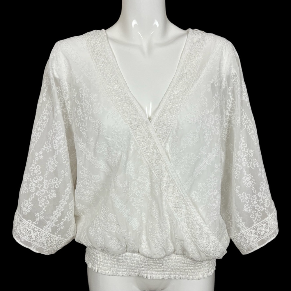 WHBM White Embroidered Kimono Sleeve Smocked Waist Surplice Blouse Size Large - Picture 2 of 15